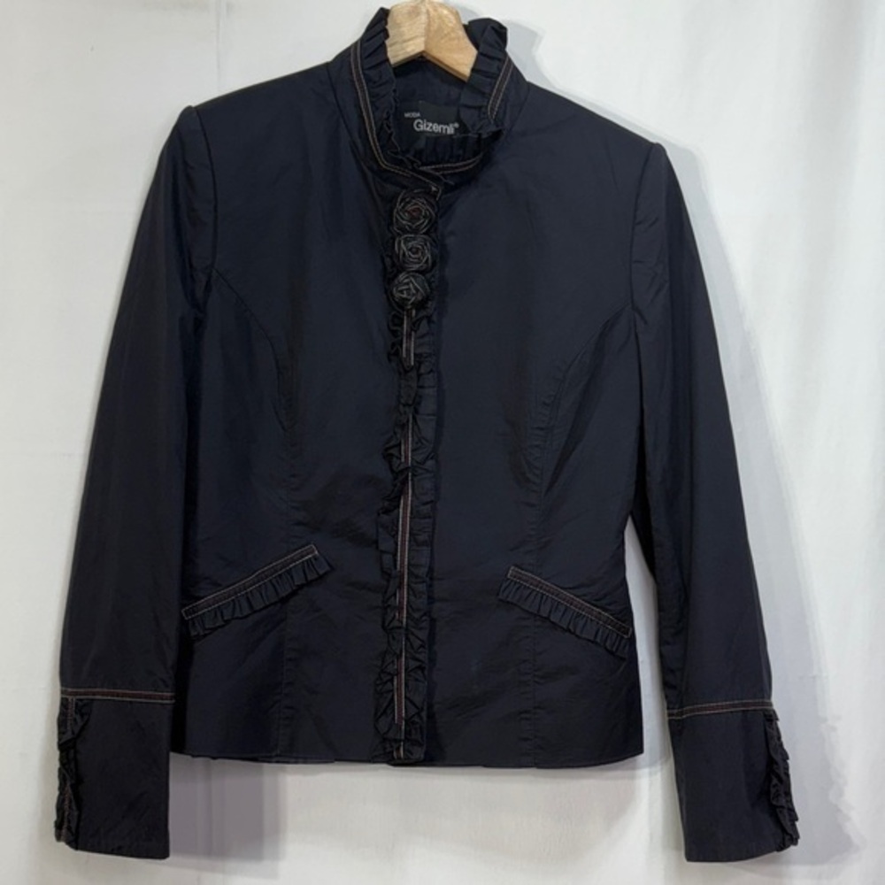 ♣️ Moda Gizemli navy cotton ruffle front collar jacket with white red  stitching
